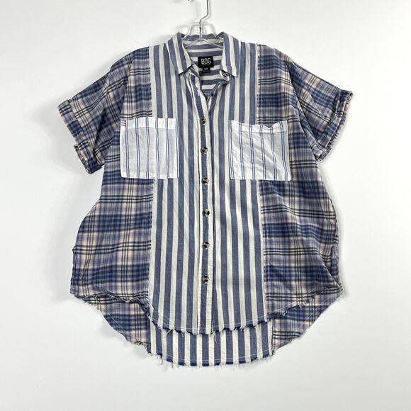 BDG Stevie Spliced Button Down Shirt Short Sleeve Relaxed Blue Womens Small - Picture 3 of 12